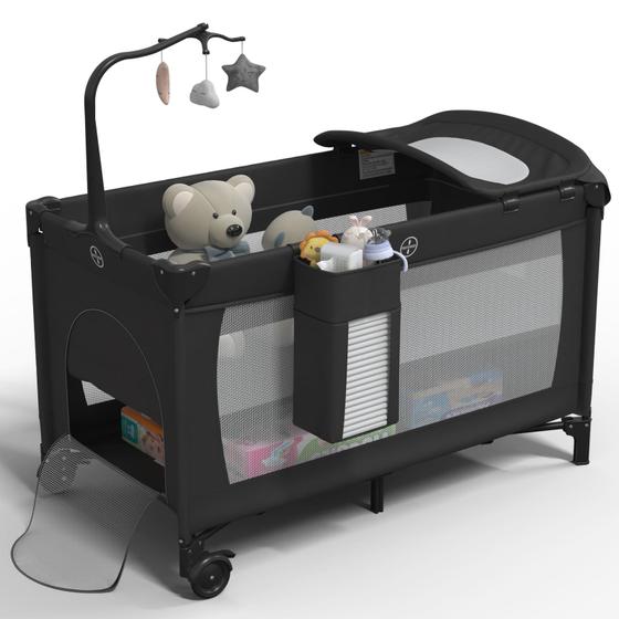 Imagem de Pack and Play Baby Bassinet Sleeper 5 em 1, dorminhoco de cabeceira preto