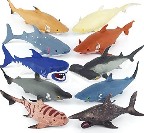Imagem de Pacote com 10 brinquedos de tubarão da Axbotoy, conjunto de brinquedos de tubarão realistas macios e elásticos de 20 cm, brinquedos de banheira flutuante infantil e lembrancinhas de festa de aniversário para meninos, meninas e crianças