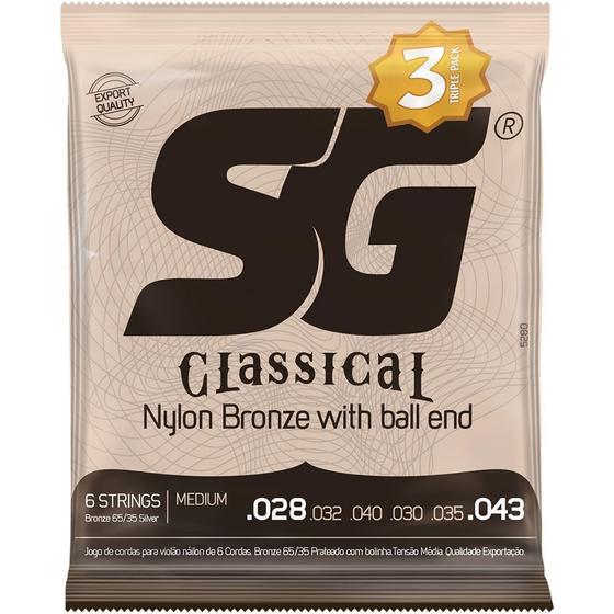 Imagem de Pacote Com 3 Encordoamento Violão Nylon SG Classical 5280TP Medium