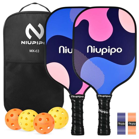 Imagem de Pacote de 2 pás Pickleball niupipo MX-63 em fibra de vidro com bolas