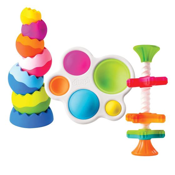 Pacote de brinquedos Fat Brain Toys Tobbles, Mini Spinny, Dimpl ...