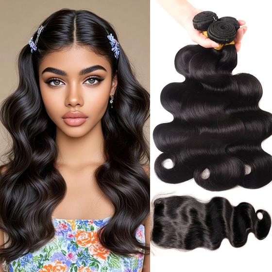 Imagem de Pacotes de cabelo com fecho Chikamlty Body Wave 3 Bundles