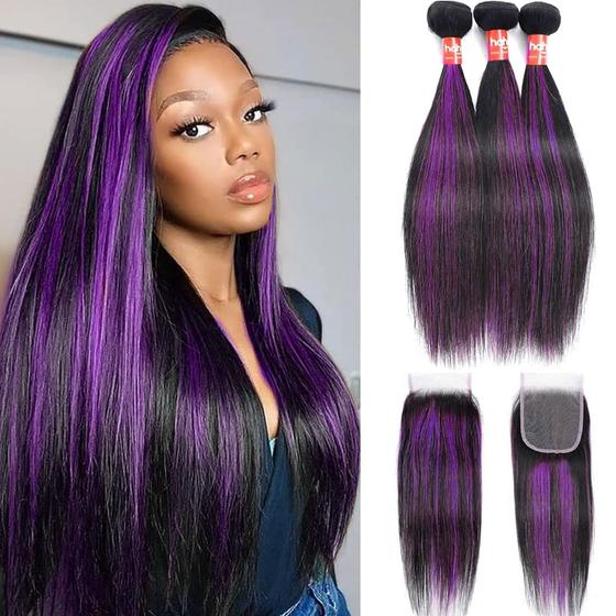 Imagem de Pacotes de cabelo e fecho haha P1b/Purple Highlight Ombre Straight