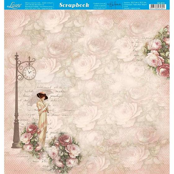 Imagem de Página para Scrapbook Dupla Face Litoarte 30,5 x 30,5 cm - Modelo SD-872 Dama de Sombrinha e Rosas