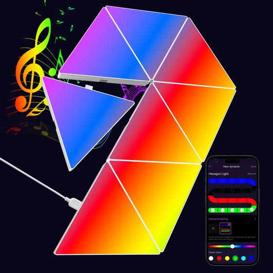 Imagem de Painéis de luz triangulares LED, pacote com 8 cores RGB com controle remoto e aplicativo