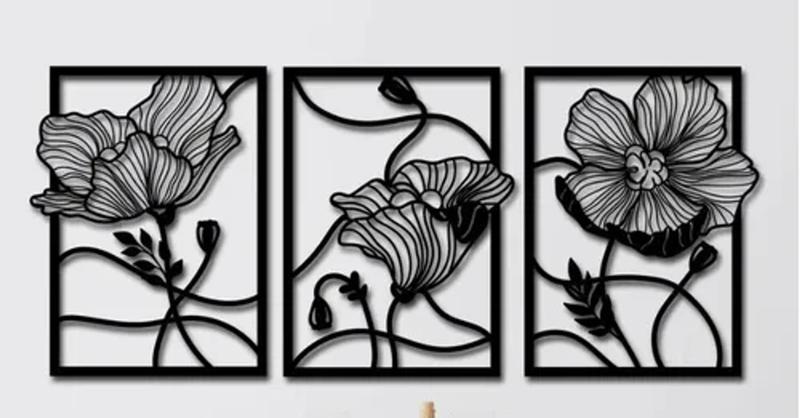 Imagem de Paineis decorativos  folhas ginkgo biloba 3pçs mdf preto