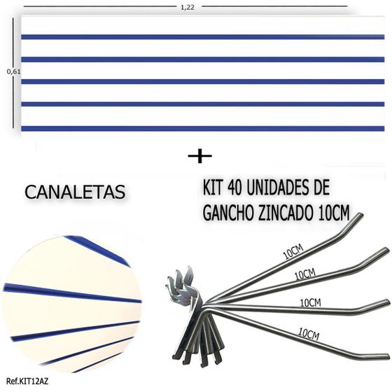 Imagem de Painel Canaletado 1,22 x 0,61 + 40 Ganchos 10cm + Canaleta Azul