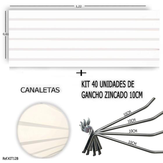 Imagem de Painel Canaletado 1,22 x 0,61 + 40 Ganchos 10cm + Canaleta Branca