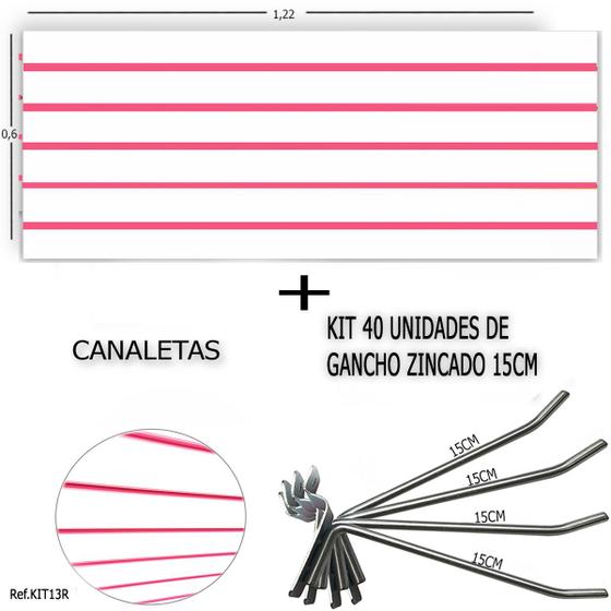 Imagem de Painel Canaletado 1,22 x 0,61 + 40 Ganchos 15cm + Canaleta Rosa