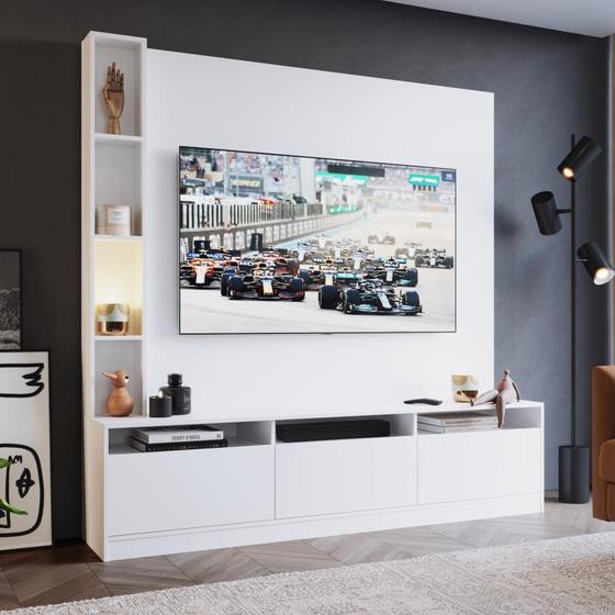 Imagem de Painel com Rack Home Theater Para TV Até 50 Polegadas 146 cm 3 Portas Basculante 7 Nichos Branco