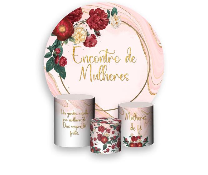 Imagem de Painel De Festa 1,5x1,5 + Trio Capa Cilindro - Encontro de Mulheres Rosa Floral 050