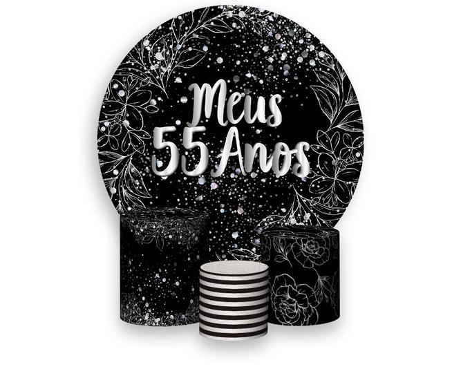 Imagem de Painel De Festa 1,5x1,5 + Trio Capa Cilindro - Fundo Preto Folhagens Efeito Brilhos Meus 55 Anos Prateado 099