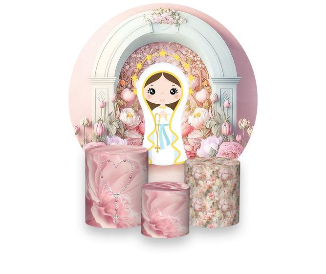 Imagem de Painel De Festa 1,5x1,5 + Trio Capa Cilindro -  Santa Nossa Senhora de Lourdes Cute Fundo Rosa Católico 011