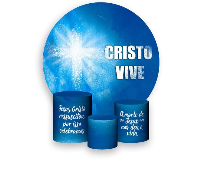 Imagem de Painel De Festa 1,5x1,5 + Trio De Capas Cilindro - Pascoa Cruz Cristo Vive 009