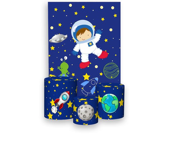 Imagem de Painel De Festa 3d Vertical + Trio De Capa Cilindro - Astronauta na Galáxia Azul Flat 05