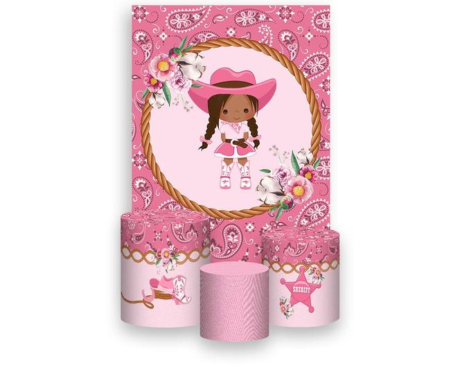 Imagem de Painel De Festa 3d Vertical + Trio De Capa Cilindro - Boiadeira Rosa 013