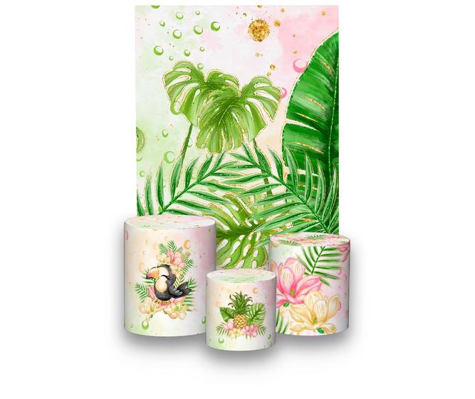 Imagem de Painel De Festa 3d Vertical + Trio De Capa Cilindro - Flamingo Tropical Rosa 014