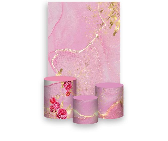 Imagem de Painel De Festa 3d Vertical + Trio De Capa Cilindro - Marmorizado Rosa com Dourado e Flores 028