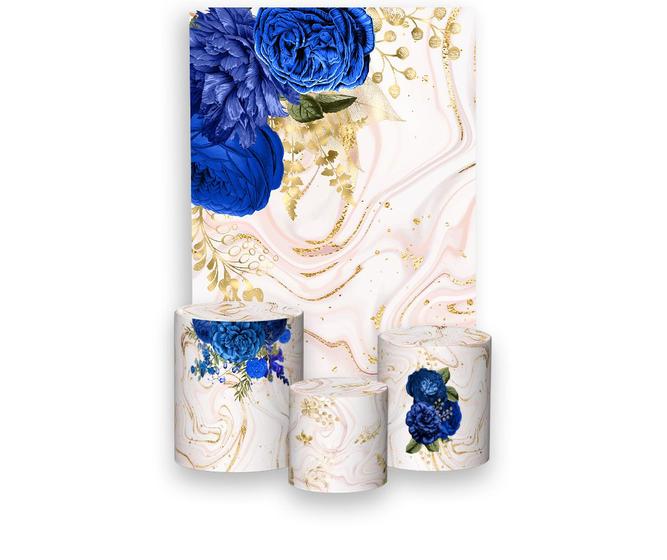 Imagem de Painel De Festa 3d Vertical + Trio De Capa Cilindro - Marmorizado Rose Floral Azul Com Dourado 026