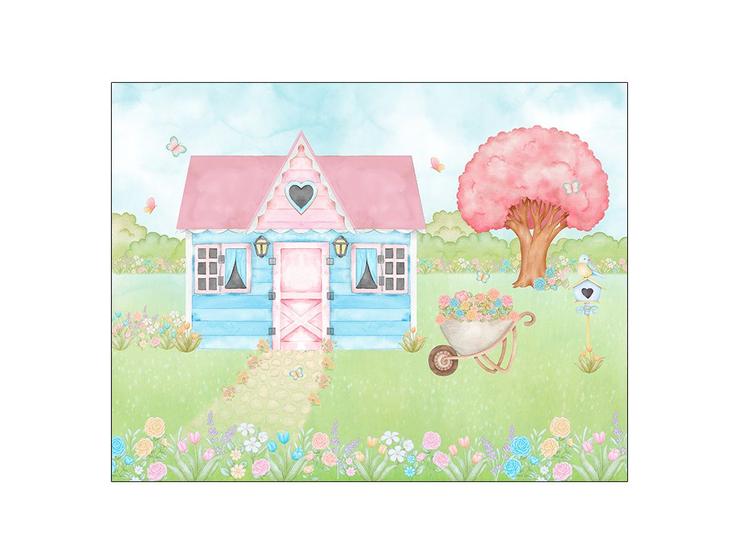 Imagem de Painel de Festa Horizontal 1,55 X 1,20 - Jardim Aquarela Com Casinha 005