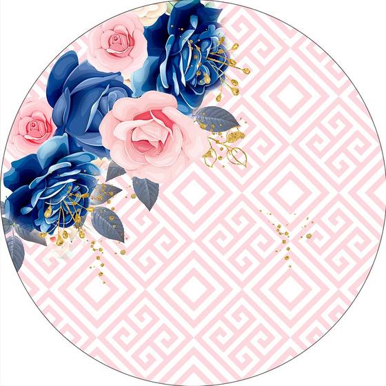 Imagem de Painel De Festa Redondo 1,50x1,50 - Efeito Geométrico Rosa com Floral Azul e Dourado 038