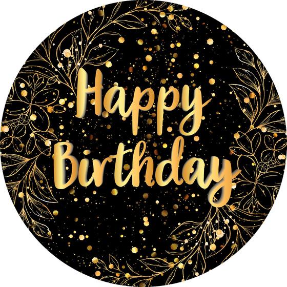 Imagem de Painel De Festa Redondo 1,50x1,50 - Fundo Preto Folhagens Efeito Brilhos Happy Birthday Dourado 116
