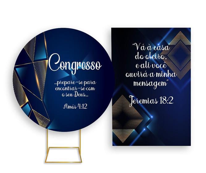 Imagem de Painel De Festa Redondo 1,50x1,50 + Painel Vertical 1,50x2,20 - Congresso Evangélico Azul com Geométrico 022