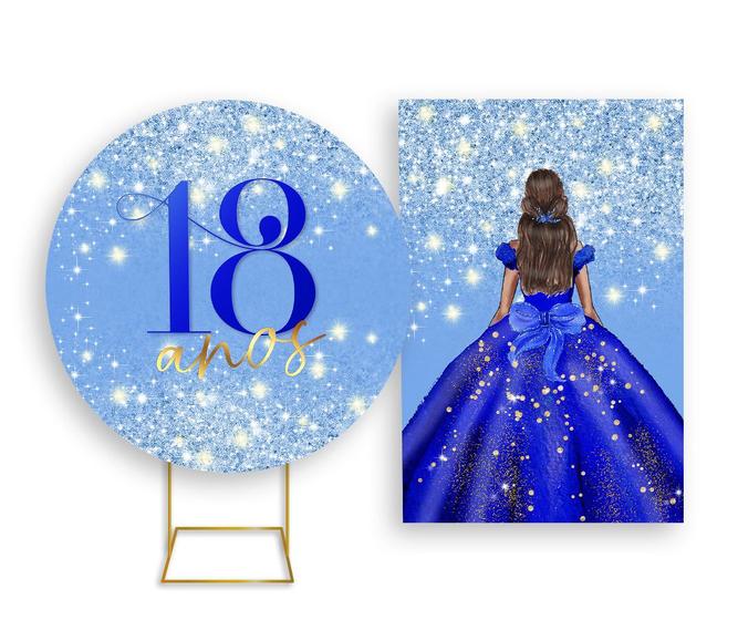 Imagem de Painel De Festa Redondo 1,50x1,50 + Painel Vertical 1,50x2,20 -  Princesa 18 Anos Efeito Glitter Azul 066