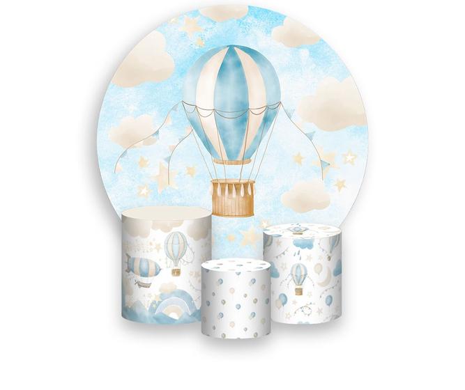 Imagem de Painel De Festa Redondo 1,50x1,50 + Trio De Capas Cilindro - Céu Balão Cute Azul 003