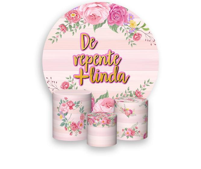 Imagem de Painel De Festa Redondo 1,50x1,50 + Trio De Capas Cilindro - De Repente Mais Linda Dourado Floral Rosa 129