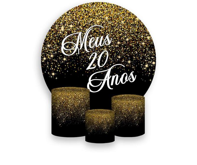 Imagem de Painel De Festa Redondo 1,50x1,50 + Trio De Capas Cilindro - Efeito Glitter Dourado Meus 20 Anos 032