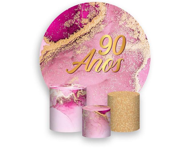 Imagem de Painel De Festa Redondo 1,50x1,50 + Trio De Capas Cilindro - Efeito Mármore Pink com Dourado 90 Anos 182