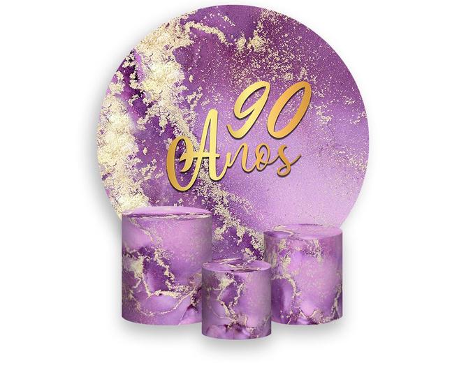 Imagem de Painel De Festa Redondo 1,50x1,50 + Trio De Capas Cilindro - Efeito Mármore Roxo com Dourado 90 Anos 162