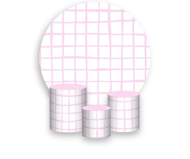 Imagem de Painel De Festa Redondo 1,50x1,50 + Trio De Capas Cilindro - Estampa Grid Quadriculado Rosa Suave 042