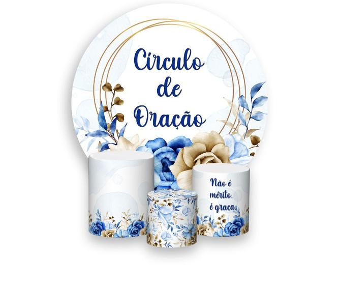 Imagem de Painel De Festa Redondo 1,50x1,50 + Trio De Capas Cilindro - Floral Azul Circulo de Oração 017