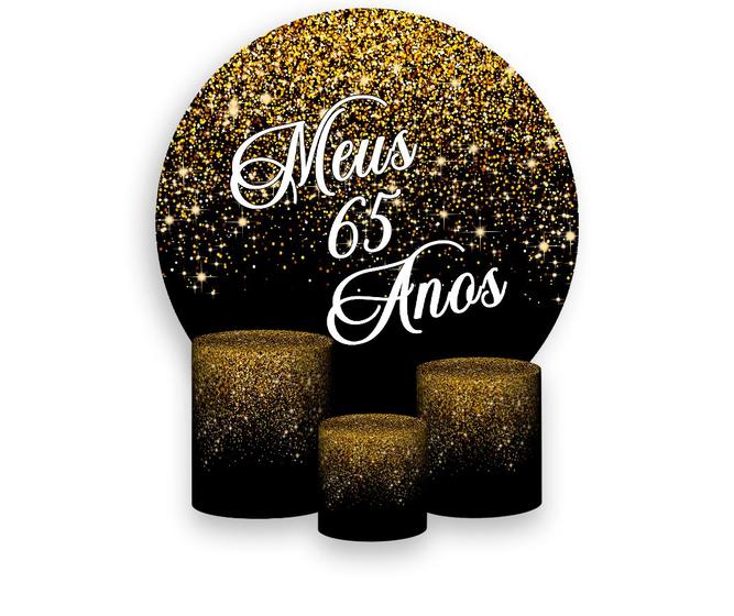 Imagem de Painel De Festa Redondo 1,50x1,50 + Trio De Capas Cilindro - Fundo Preto Efeito Glitter e Brilho Dourado Meus 65 Anos 048