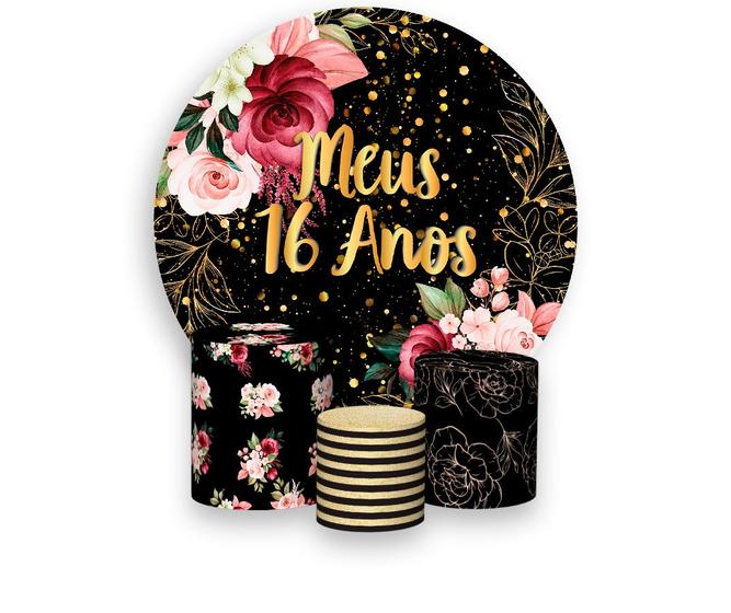 Imagem de Painel De Festa Redondo 1,50x1,50 + Trio De Capas Cilindro - Fundo Preto Flores Efeito Brilhos Meus 16 Anos Dourado 017