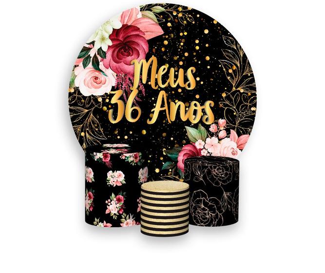 Imagem de Painel De Festa Redondo 1,50x1,50 + Trio De Capas Cilindro - Meus 36 Anos Dourado Floral 034