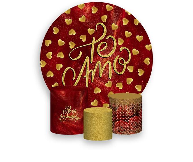 Imagem de Painel De Festa Redondo 1,50x1,50 + Trio De Capas Cilindro - Namorados Te Amo Dourado e Vermelho 083