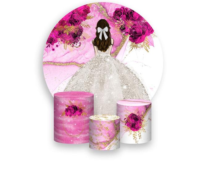 Imagem de Painel De Festa Redondo 1,50x1,50 + Trio De Capas Cilindro-  Princesa Efeito Marmorizado com Flores Pink Vestido Branco 044