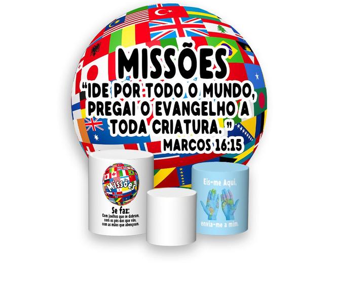 Imagem de Painel De Festa Redondo 1,50x1,50 + Trio De Capas Cilindro - Religioso Missões Esfera de Países 023