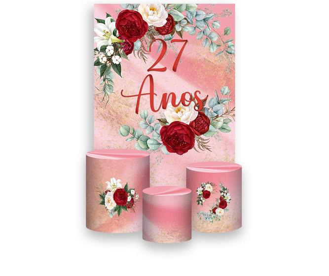 Imagem de Painel De Festa Vertical 1,50 x 2,20 + Trio De Capas Cilindro - 27 Anos Floral Efeito Mármore Rosa 177