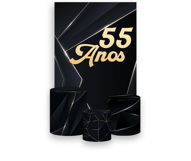 Imagem de Painel De Festa Vertical 1,50 x 2,20 + Trio De Capas Cilindro - 55 Anos Dourado Fundo Preto 210