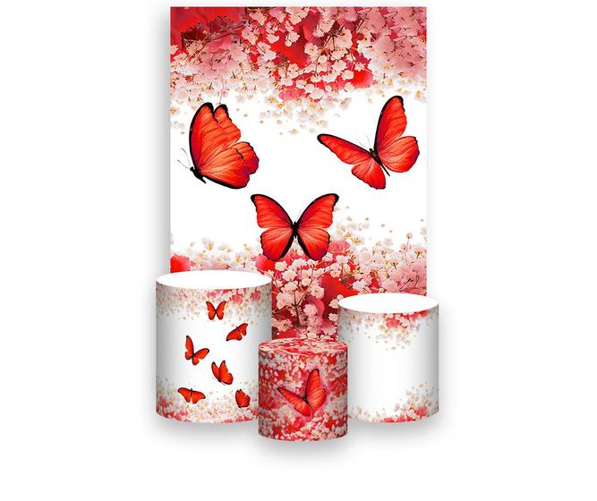 Imagem de Painel De Festa Vertical 1,50 x 2,20 + Trio De Capas Cilindro - Borboleta Vermelha Floral 035