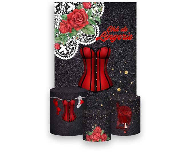 Imagem de Painel De Festa Vertical 1,50 x 2,20 + Trio De Capas Cilindro - Chá de Lingerie Vermelho e Preto 003