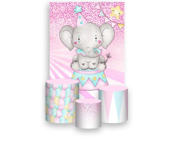 Imagem de Painel De Festa Vertical 1,50 x 2,20 + Trio De Capas Cilindro -  Circo Rosa Elefante 031