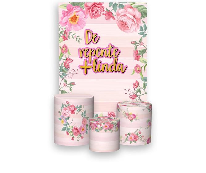 Imagem de Painel De Festa Vertical 1,50 x 2,20 + Trio De Capas Cilindro - De Repente Mais Linda Dourado Floral Rosa 020