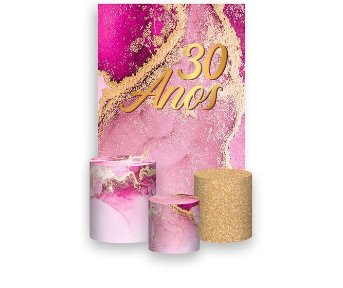 Imagem de Painel De Festa Vertical 1,50 x 2,20 + Trio De Capas Cilindro - Efeito Mármore Pink com Dourado 30 Anos 043