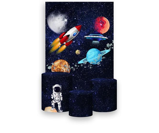 Imagem de Painel De Festa Vertical 1,50 x 2,20 + Trio De Capas Cilindro - Espaço Galáxia com Foguete 001