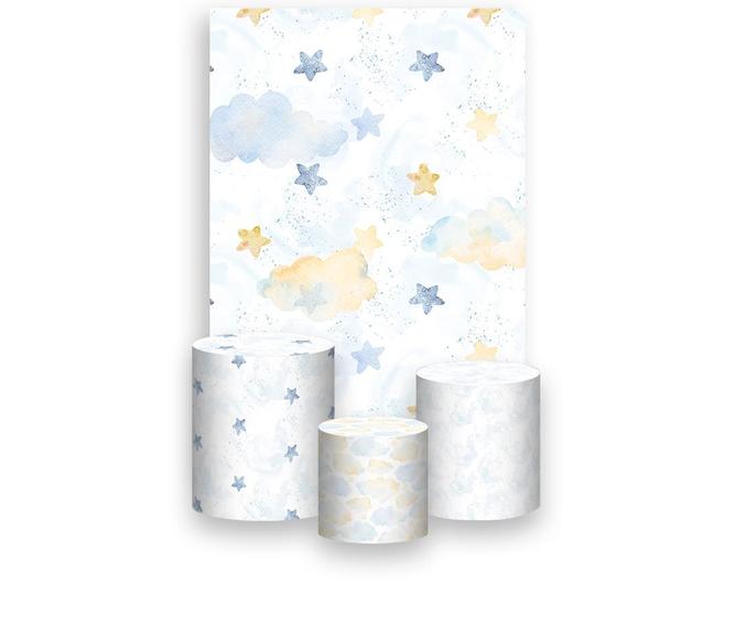 Imagem de Painel De Festa Vertical 1,50 x 2,20 + Trio De Capas Cilindro - Estrelinhas Azul e Amarelo 019